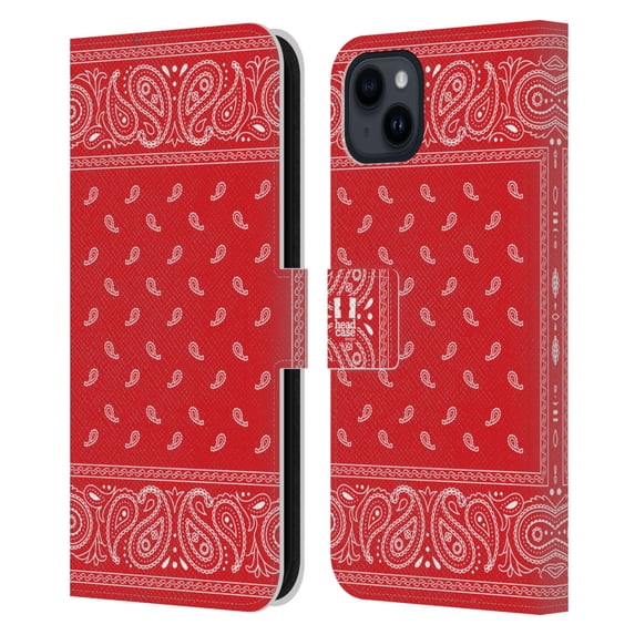 Head Case Designs Classic Paisley Bandana Square Red Leather Book Wallet Case Cover Compatible with Apple iPhone 15 Plus