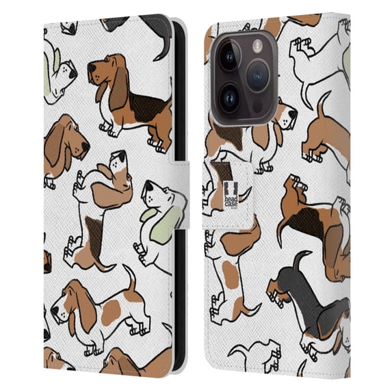 Head Case Designs Dog Breed Patterns 2 Basset Hound Leather Book Wallet Case Cover Compatible with Apple iPhone 15 Pro