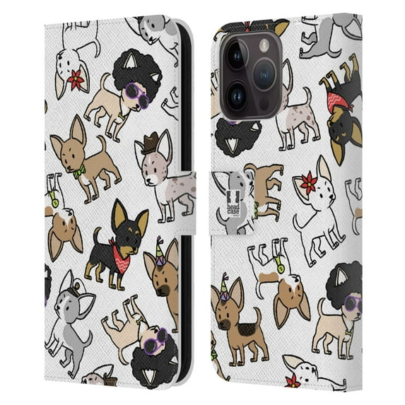Head Case Designs Dog Breed Patterns Chihuahua Leather Book Wallet Case Cover Compatible with Apple iPhone 15 Pro Max