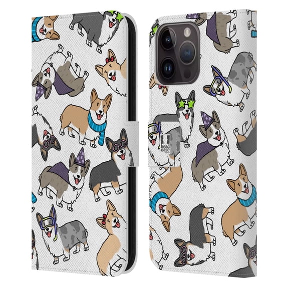 Head Case Designs Dog Breed Patterns Corgi Leather Book Wallet Case Cover Compatible with Apple iPhone 15 Pro Max