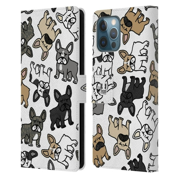Head Case Designs Dog Breed Patterns French Bulldog Leather Book Wallet Case Cover Compatible with Apple iPhone 12 Pro Max