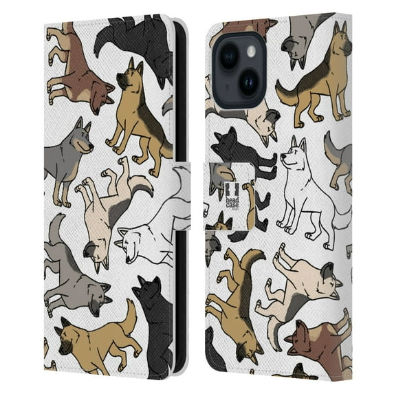 Head Case Designs Dog Breed Patterns German Shepherd Leather Book Wallet Case Cover Compatible with Apple iPhone 15