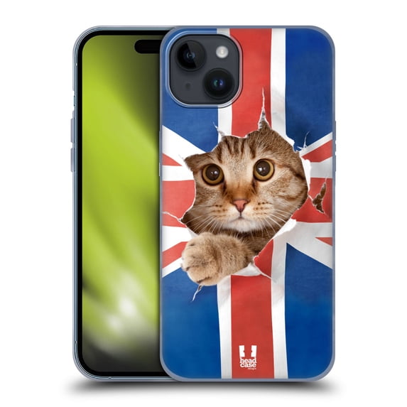 Head Case Designs Funny Animals Union Jack Peeping Cat Soft Gel Case Compatible with Apple iPhone 15 Plus