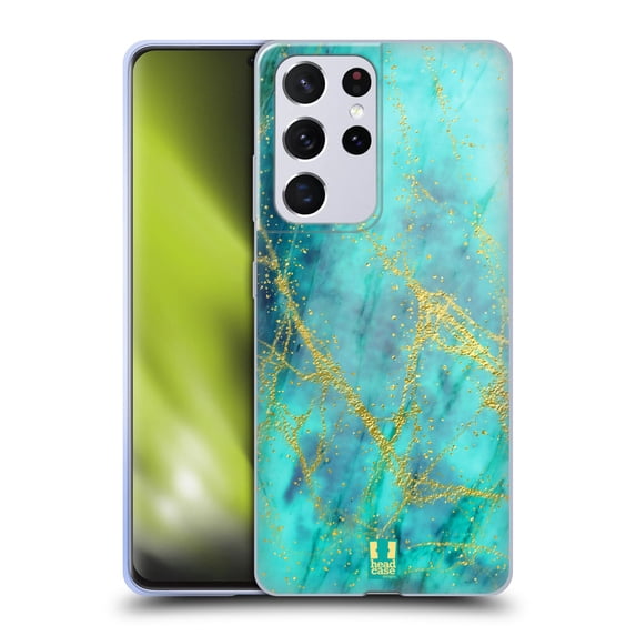 Head Case Designs Glittery Marble Prints Turquoise Soft Gel Case Compatible with Samsung Galaxy S21 Ultra 5G