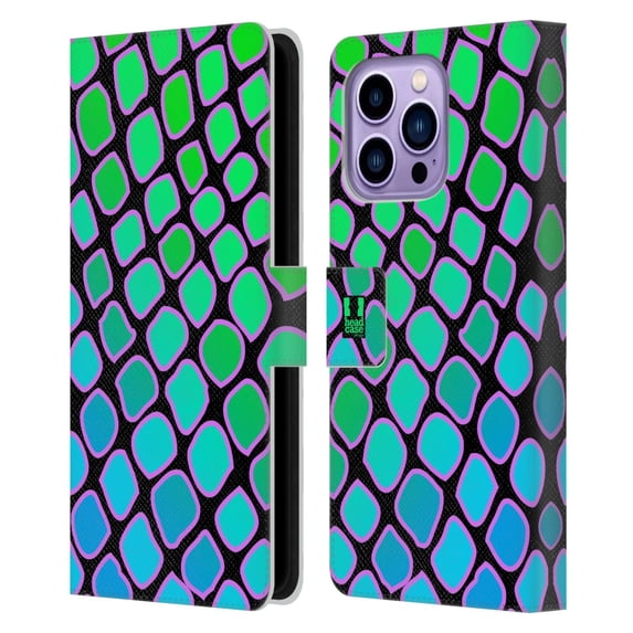 Head Case Designs Mad Prints Aqua Snake Leather Book Wallet Case Cover Compatible with Apple iPhone 14 Pro Max