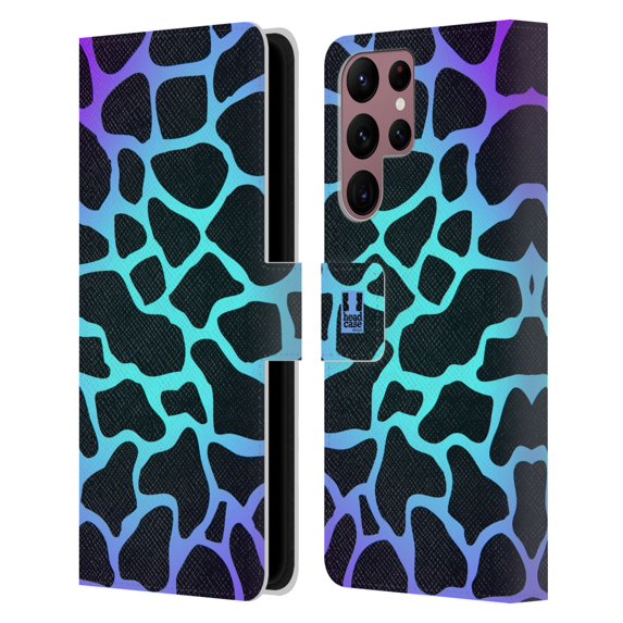 Head Case Designs Mad Prints Cyan Giraffe Leather Book Wallet Case Cover Compatible with Samsung Galaxy S22 Ultra 5G