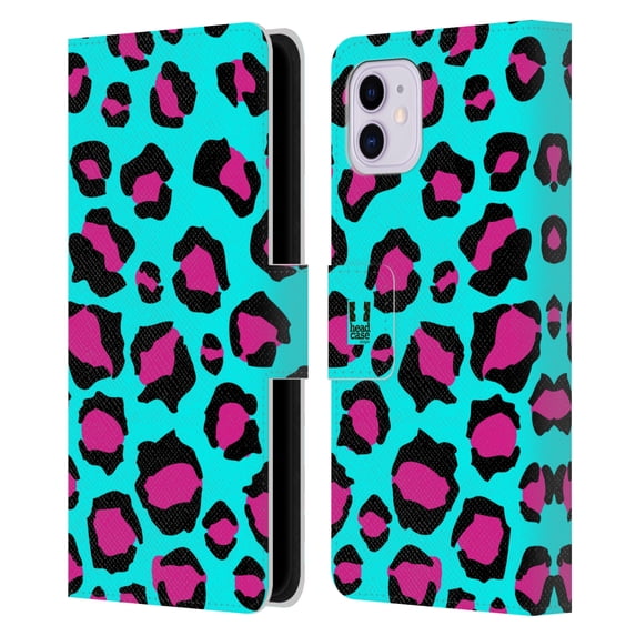Head Case Designs Mad Prints Cyan Leopard Leather Book Wallet Case Cover Compatible with Apple iPhone 11