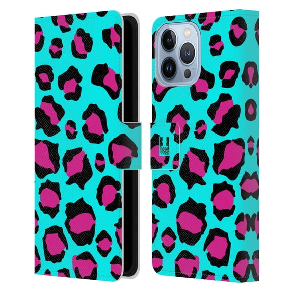 Head Case Designs Mad Prints Cyan Leopard Leather Book Wallet Case Cover Compatible with Apple iPhone 13 Pro Max
