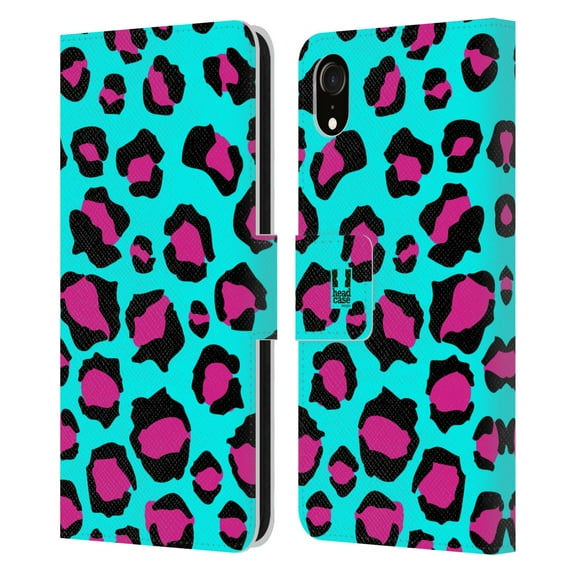 Head Case Designs Mad Prints Cyan Leopard Leather Book Wallet Case Cover Compatible with Apple iPhone XR