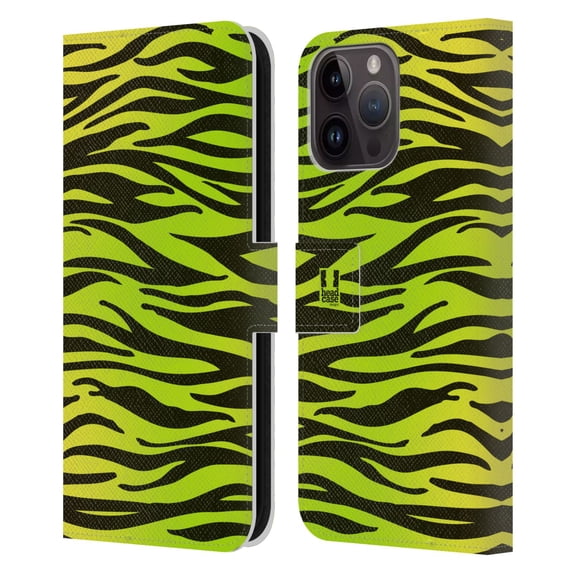 Head Case Designs Mad Prints Yellow Green Zebra Leather Book Wallet Case Cover Compatible with Apple iPhone 15 Pro Max