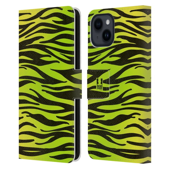 Head Case Designs Mad Prints Yellow Green Zebra Leather Book Wallet Case Cover Compatible with Apple iPhone 15