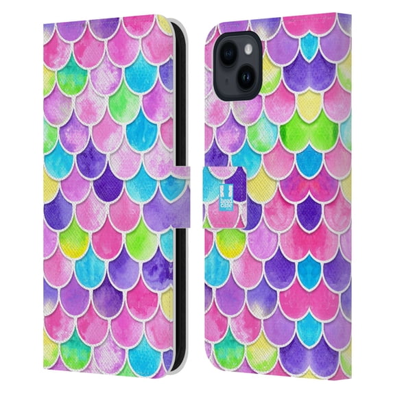 Head Case Designs Mermaid Scales Watercolour Leather Book Wallet Case Cover Compatible with Apple iPhone 15 Plus
