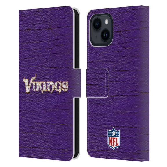 Head Case Designs NFL Minnesota Vikings Logo Distressed Look Leather Book Wallet Case Cover For Apple iPhone 15