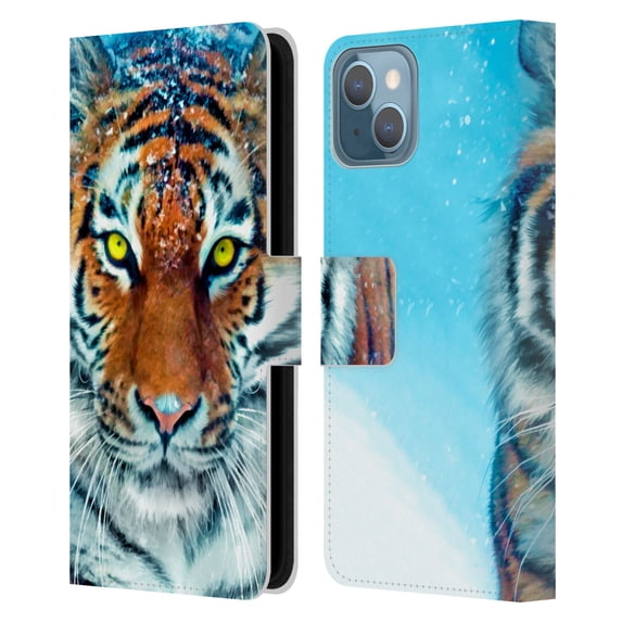 Head Case Designs Officially Licensed Aimee Stewart Animals Yellow Tiger Leather Book Wallet Case Cover Compatible with Apple iPhone 13