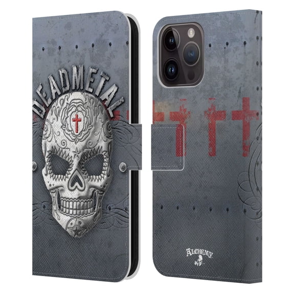 Head Case Designs Officially Licensed Alchemy Gothic Skull Dead Metal Leather Book Wallet Case Cover Compatible with Apple iPhone 15 Pro Max