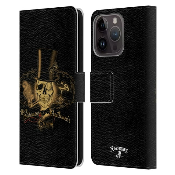 Head Case Designs Officially Licensed Alchemy Gothic Skull Gentlemens Club Leather Book Wallet Case Cover Compatible with Apple iPhone 15 Pro