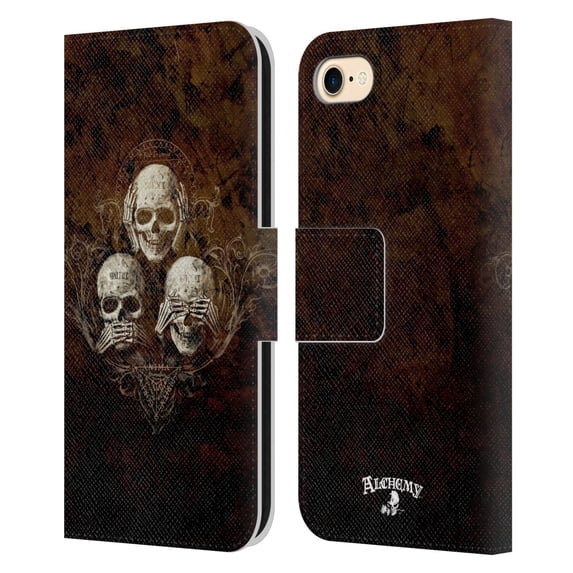 Head Case Designs Officially Licensed Alchemy Gothic Skull No Evil Three Skull Leather Book Wallet Case Cover Compatible with Apple iPhone 7 / 8 / SE 2020 & 2022