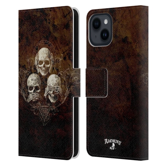 Head Case Designs Officially Licensed Alchemy Gothic Skull No Evil Three Skull Leather Book Wallet Case Cover Compatible with Apple iPhone 15