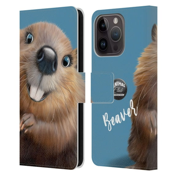 Head Case Designs Officially Licensed Animal Club International Faces Beaver Leather Book Wallet Case Cover Compatible with Apple iPhone 15 Pro