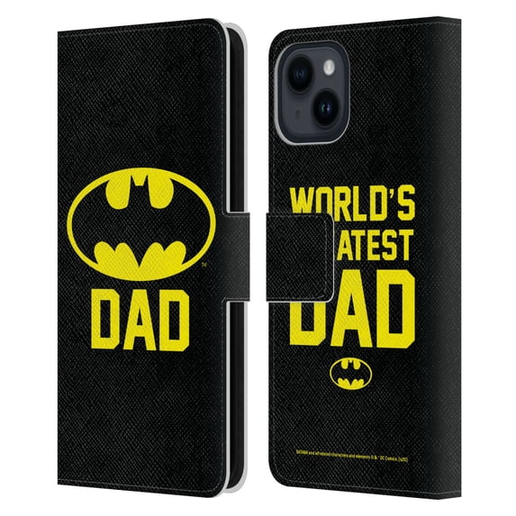 Head Case Designs Officially Licensed Batman DC Comics Logos Batdad Leather Book Wallet Case Cover Compatible with Apple iPhone 15