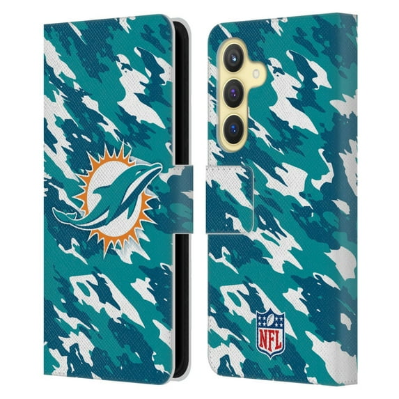 Head Case Designs NFL Miami Dolphins Logo Camou Leather Book Wallet Case Cover For Samsung Galaxy S24 5G