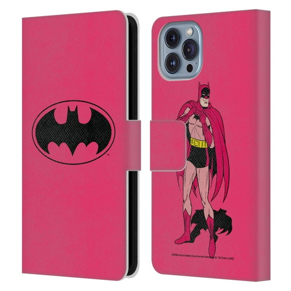 Head Case Designs Officially Licensed Batman DC Comics Logos Pink Leather Book Wallet Case Cover Compatible with Apple iPhone 14