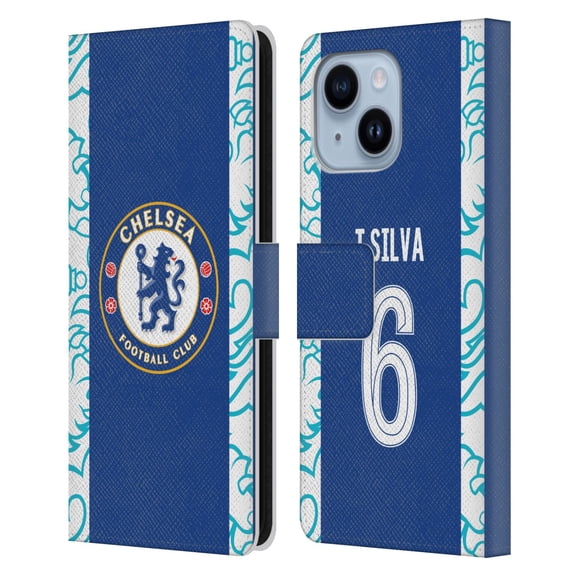 Head Case Designs Officially Licensed Chelsea Football Club 2022/23 Players Home Kit Thiago Silva Leather Book Wallet Case Cover Compatible with Apple iPhone 14 Plus