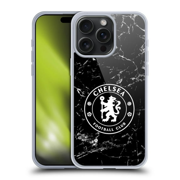 Head Case Designs Chelsea Football Club Crest Black Marble Soft Gel Case for Apple iPhone 15 Pro Max