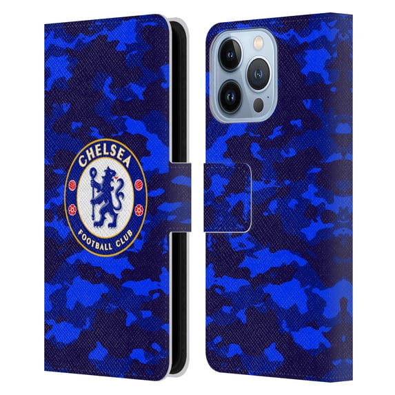 Head Case Designs Officially Licensed Chelsea Football Club Crest Camouflage Leather Book Wallet Case Cover Compatible with Apple iPhone 13 Pro