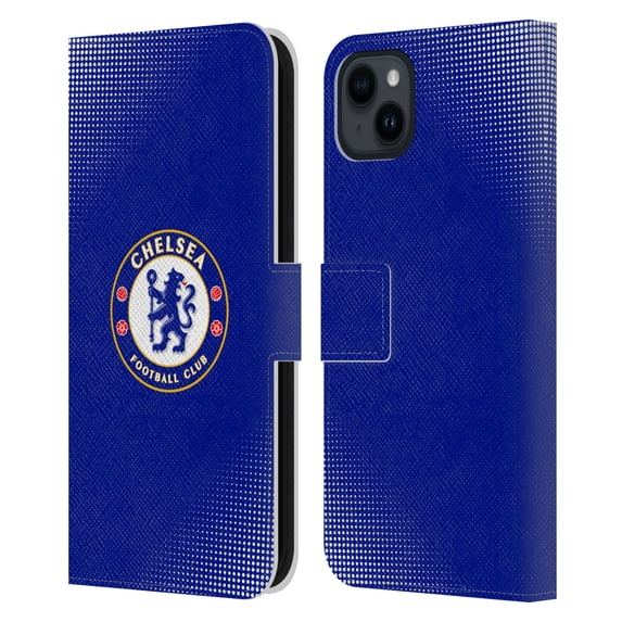 Head Case Designs Officially Licensed Chelsea Football Club Crest Halftone Leather Book Wallet Case Cover Compatible with Apple iPhone 15 Plus