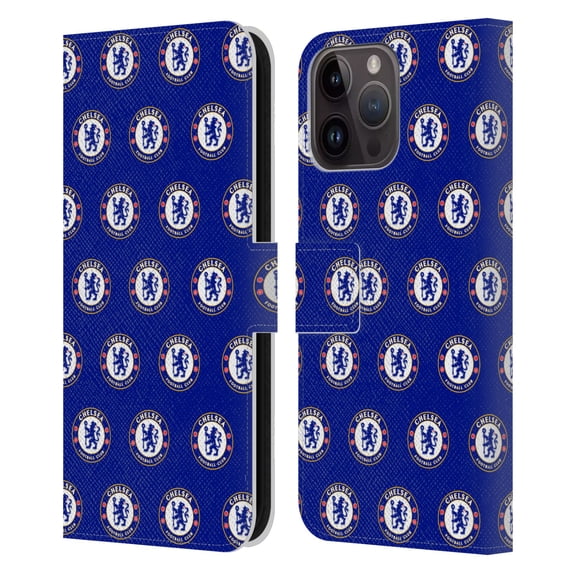 Head Case Designs Officially Licensed Chelsea Football Club Crest Pattern Leather Book Wallet Case Cover Compatible with Apple iPhone 15 Pro Max