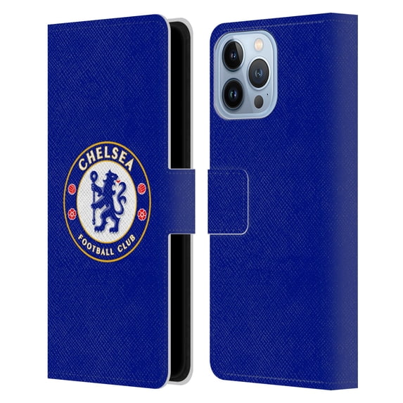 Head Case Designs Officially Licensed Chelsea Football Club Crest Plain Blue Leather Book Wallet Case Cover Compatible with Apple iPhone 13 Pro Max