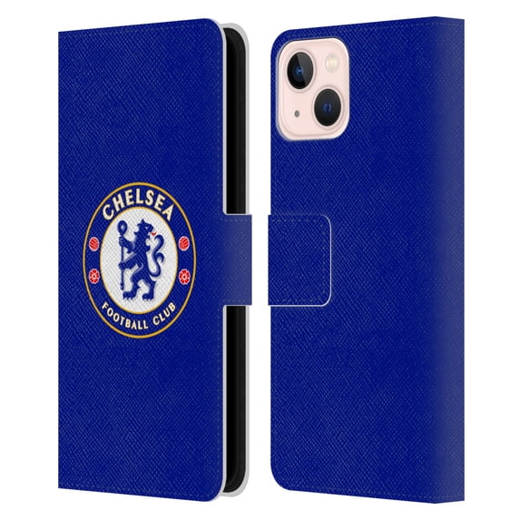 Head Case Designs Officially Licensed Chelsea Football Club Crest Plain Blue Leather Book Wallet Case Cover Compatible with Apple iPhone 13