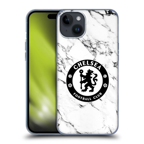 Head Case Designs Officially Licensed Chelsea Football Club Crest White Marble Soft Gel Case Compatible with Apple iPhone 15 Plus