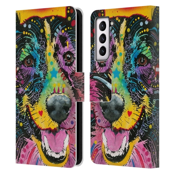 Head Case Designs Officially Licensed Dean Russo Dogs Smiling Collie Leather Book Wallet Case Cover Compatible with Samsung Galaxy S21 5G