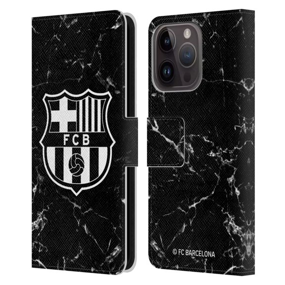 Head Case Designs Officially Licensed FC Barcelona Crest Patterns Black Marble Leather Book Wallet Case Cover Compatible with Apple iPhone 15 Pro
