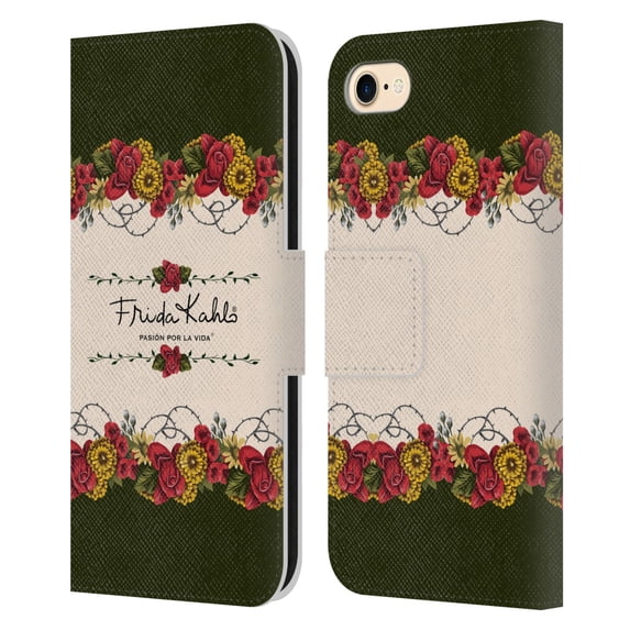 Head Case Designs Officially Licensed Frida Kahlo Red Florals Border Leather Book Wallet Case Cover Compatible with Apple iPhone 7 / 8 / SE 2020 & 2022