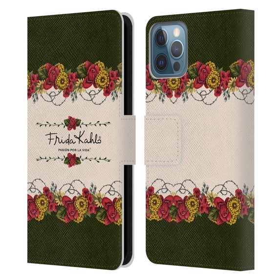 Head Case Designs Officially Licensed Frida Kahlo Red Florals Border Leather Book Wallet Case Cover Compatible with Apple iPhone 12 / iPhone 12 Pro