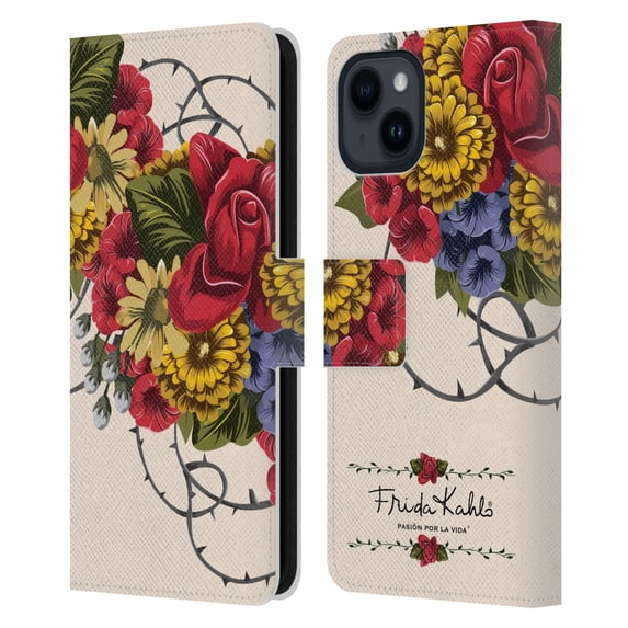 Head Case Designs Officially Licensed Frida Kahlo Red Florals Vine Leather Book Wallet Case Cover Compatible with Apple iPhone 15