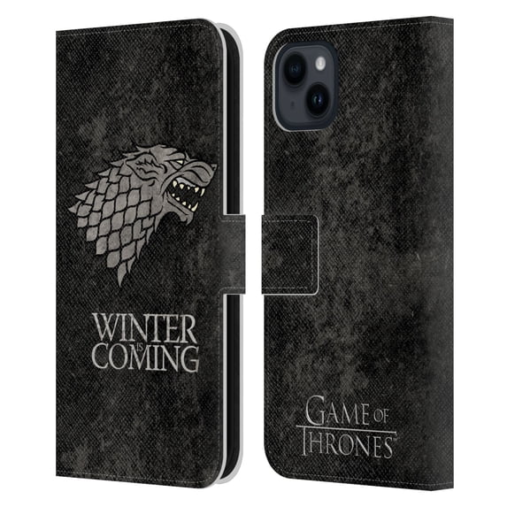 Head Case Designs Officially Licensed HBO Game of Thrones Dark Distressed Look Sigils Stark Leather Book Wallet Case Cover Compatible with Apple iPhone 15 Plus