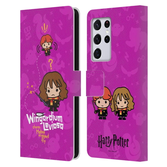 Head Case Designs Officially Licensed Harry Potter Deathly Hallows I Hermione Ron Spell Leather Book Wallet Case Cover Compatible with Samsung Galaxy S21 Ultra 5G