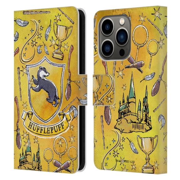 Head Case Designs Officially Licensed Harry Potter Deathly Hallows XIII Hufflepuff Pattern Leather Book Wallet Case Cover Compatible with Apple iPhone 14 Pro