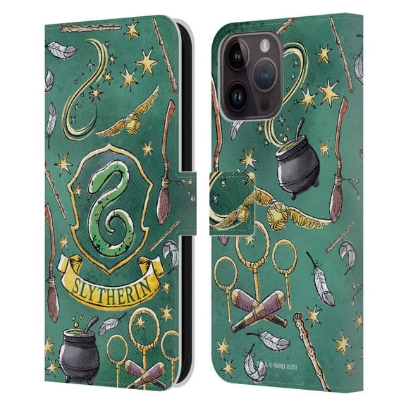 Head Case Designs Officially Licensed Harry Potter Deathly Hallows XIII Slytherin Pattern Leather Book Wallet Case Cover Compatible with Apple iPhone 15 Pro Max