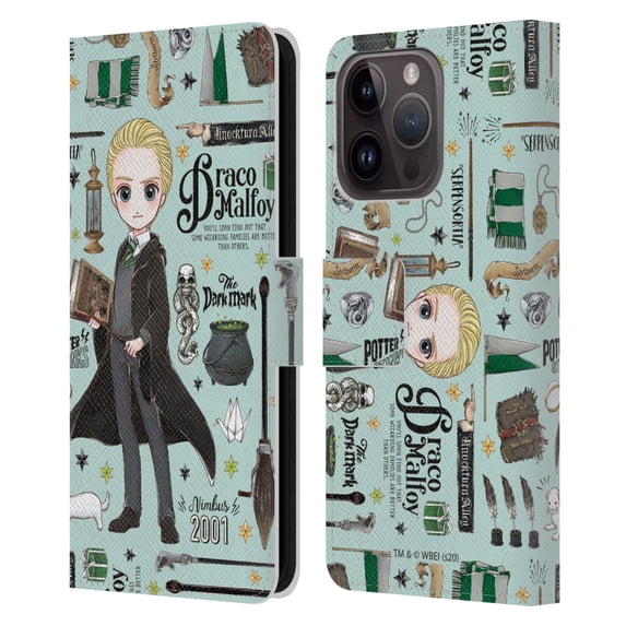 Head Case Designs Officially Licensed Harry Potter Deathly Hallows XXXVII Draco Pattern Leather Book Wallet Case Cover Compatible with Apple iPhone 15 Pro