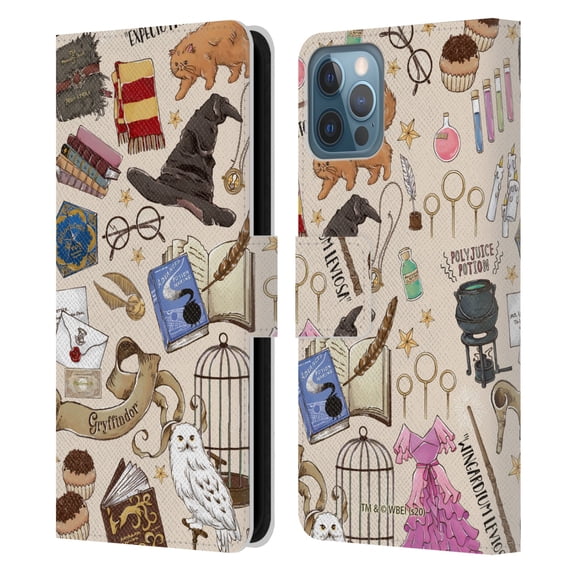 Head Case Designs Officially Licensed Harry Potter Deathly Hallows XXXVII Hogwarts Pattern Leather Book Wallet Case Cover Compatible with Apple iPhone 12 / iPhone 12 Pro