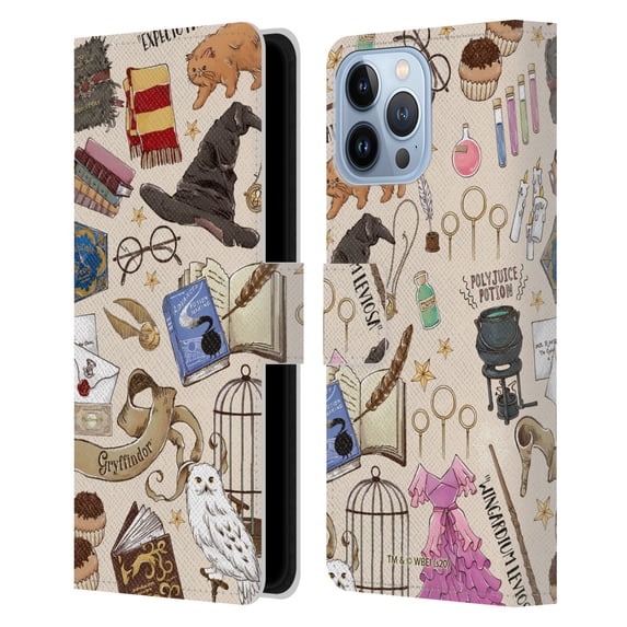 Head Case Designs Officially Licensed Harry Potter Deathly Hallows XXXVII Hogwarts Pattern Leather Book Wallet Case Cover Compatible with Apple iPhone 13 Pro Max