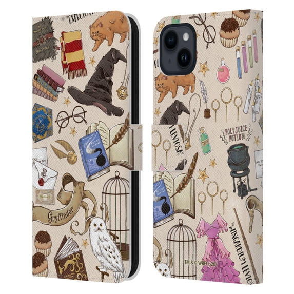 Head Case Designs Officially Licensed Harry Potter Deathly Hallows XXXVII Hogwarts Pattern Leather Book Wallet Case Cover Compatible with Apple iPhone 15 Plus