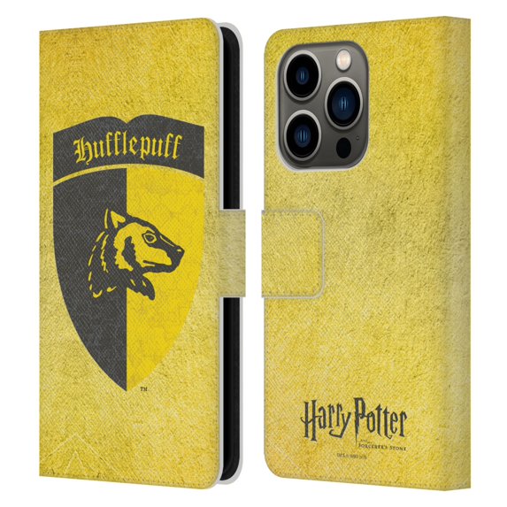 Head Case Designs Officially Licensed Harry Potter Sorcerer's Stone I Hufflepuff Crest Leather Book Wallet Case Cover Compatible with Apple iPhone 14 Pro