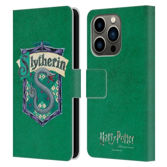 Head Case Designs Officially Licensed Harry Potter Sorcerer's Stone I Slytherin Crest Leather Book Wallet Case Cover Compatible with Apple iPhone 14 Pro