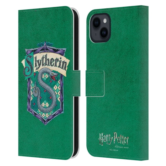 Head Case Designs Officially Licensed Harry Potter Sorcerer's Stone I Slytherin Crest Leather Book Wallet Case Cover Compatible with Apple iPhone 15 Plus